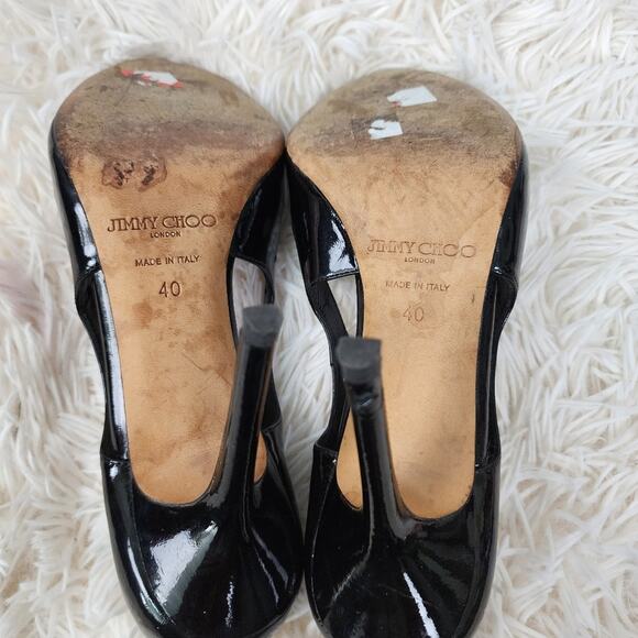 Jimmy Choo london patent open toe shoes Sz  40 black leather pump 4" Heels - Picture 4 of 6